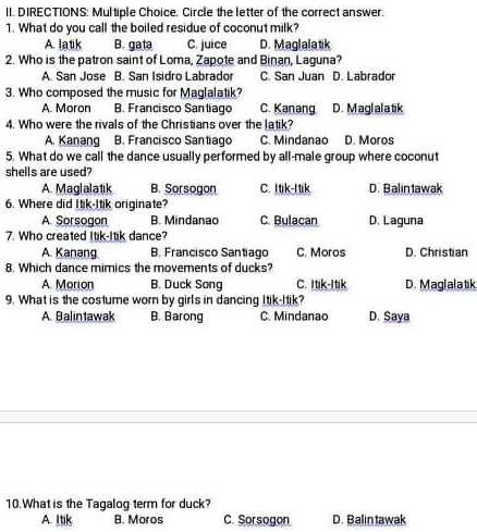 II. DIRECTIONS: Multiple Choice. Circle the letter of the correct ...
