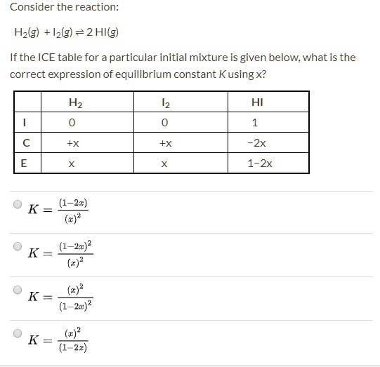 SOLVED Consider the reaction H2(g) + I2(g) = 2 HI(g) If the ICE table