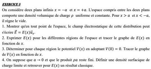 hhcicei considere deux plans infinis x a et x a lespace compris entre les deux plans comnone densite volumique de charge unifone canatanic pour x et x ilregne le vide montrer quen point de f 61176