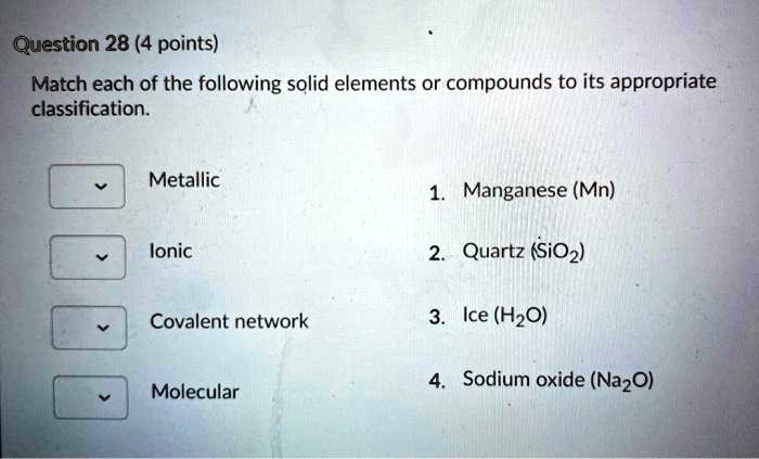 Question 28 (4 points) Match each of the following solid elements or ...