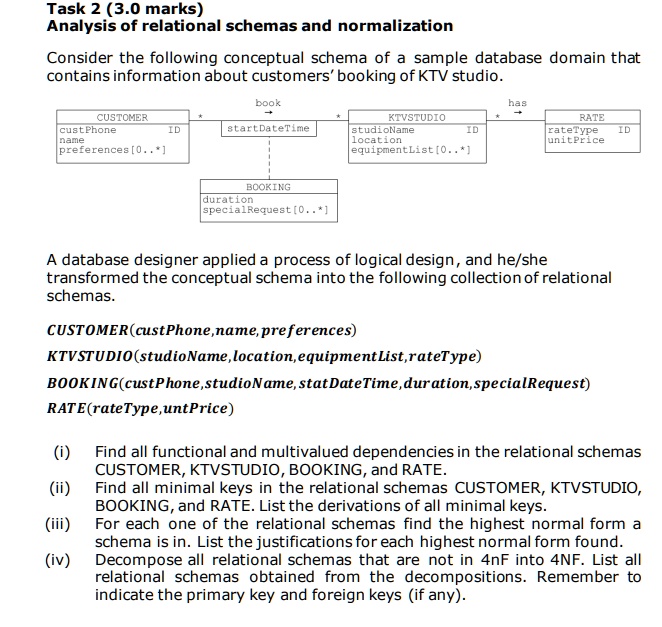 Task 2 (3.0 marks)
Analysis of relational schemas and normalization
Consider the following conceptual schema of a sample database domain that
contains information about customers' booking of KTV studio.
book
+
CUSTOMER
*
custPhone
ID
startDateTime
name
preferences [0..*]
BOOKING
duration
specialRequest [0..*]
has
KTVSTUDIO
*
RATE
studioName
location
ID
rateType
unitPrice
ID
equipmentList[0..*]
A database designer applied a process of logical design, and he/she
transformed the conceptual schema into the following collection of relational
schemas.
CUSTOMER(custPhone, name, preferences)
KTVSTUDIO(studioName, location, equipmentList, rateType)
BOOKING(custPhone, studioName, statDateTime, duration, specialRequest)
RATE(rateType, untPrice)
(i) Find all functional and multivalued dependencies in the relational schemas
CUSTOMER, KTVSTUDIO, BOOKING, and RATE.
(ii) Find all minimal keys in the relational schemas CUSTOMER, KTVSTUDIO,
BOOKING, and RATE. List the derivations of all minimal keys.
(iii) For each one of the relational schemas find the highest normal form a
schema is in. List the justifications for each highest normal form found.
(iv) Decompose all relational schemas that are not in 4NF into 4NF. List all
relational schemas obtained from the decompositions. Remember to
indicate the primary key and foreign keys (if any).