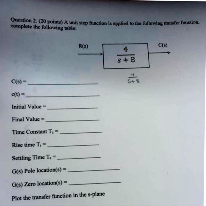 Question 2. (20 points) A unit step function is applied to the following transfer function, complete the following table:
R(s)

C(s)

(4)/(s+8)

(4)/(s+8)
C(s) = 
c(t) = 
Initial Value = 
Final Value = 
Time Constant Tc = 
Rise time Tr = 
Settling Time Ts = 
G(s) Pole location(s) = 
G(s) Zero location(s) = 
Plot the transfer function in the s-plane