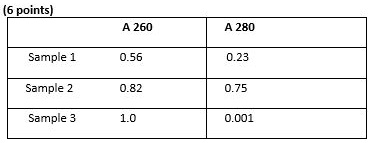 (6 points)
A 260
A 280
Sample 1
0.56
0.23
Sample 2
0.82
0.75
Sample 3
1.0
0.001