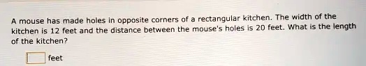 A mouse has made holes in opposite corners of a rectangular kitchen. The width of the kitchen is 12 feet and the distance between the mouse's holes is 20 feet. What is the length of the kitchen?
