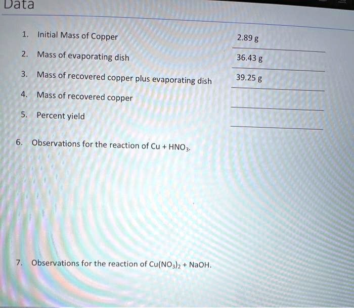 SOLVED Initial Mass of Copper Mass of evaporating dish 36.43 g Mass