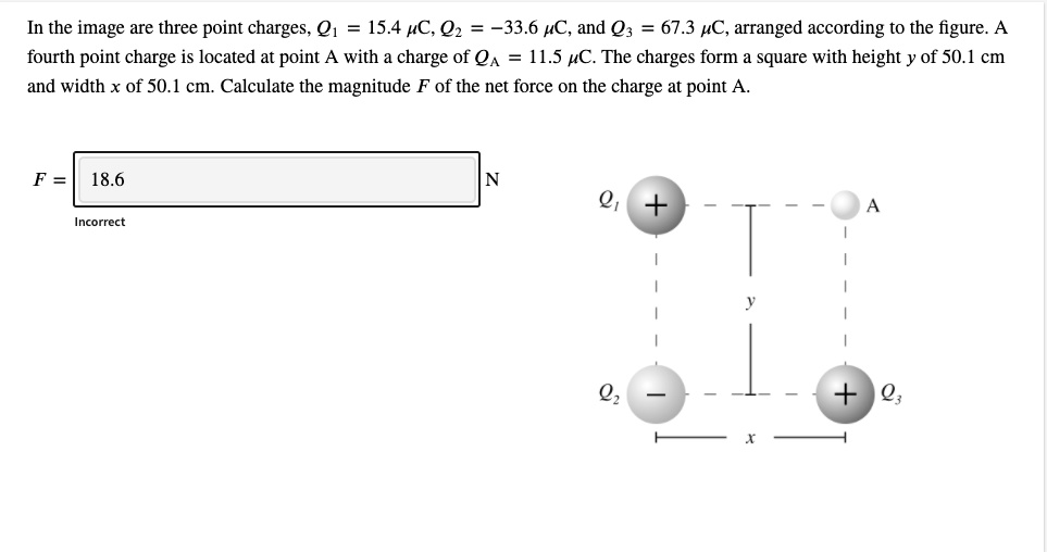In the image are three point charges, Q1 15.4 ,C, Q2 -33.6 UC, and Q3 ...