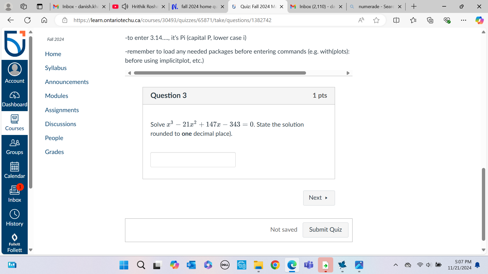 Solve x^3 - 21x^2 + 147x - 343 = 0. State the solution rounded to one decimal place).