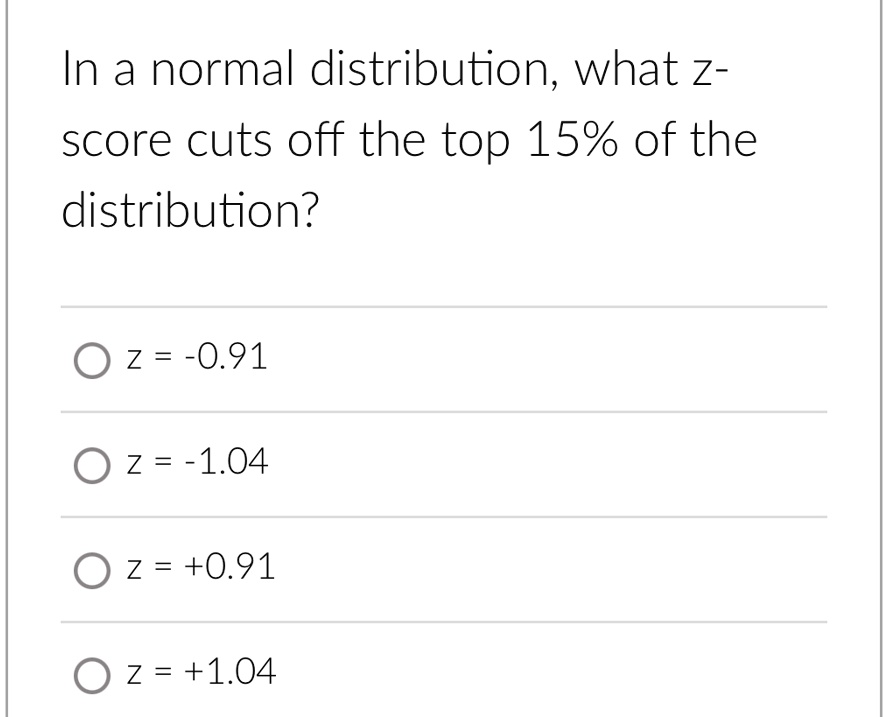 In a normal distribution, what z-
score cuts off the top 15% of the
distribution?
z = -0.91
z = -1.04
z = +0.91
z = +1.04