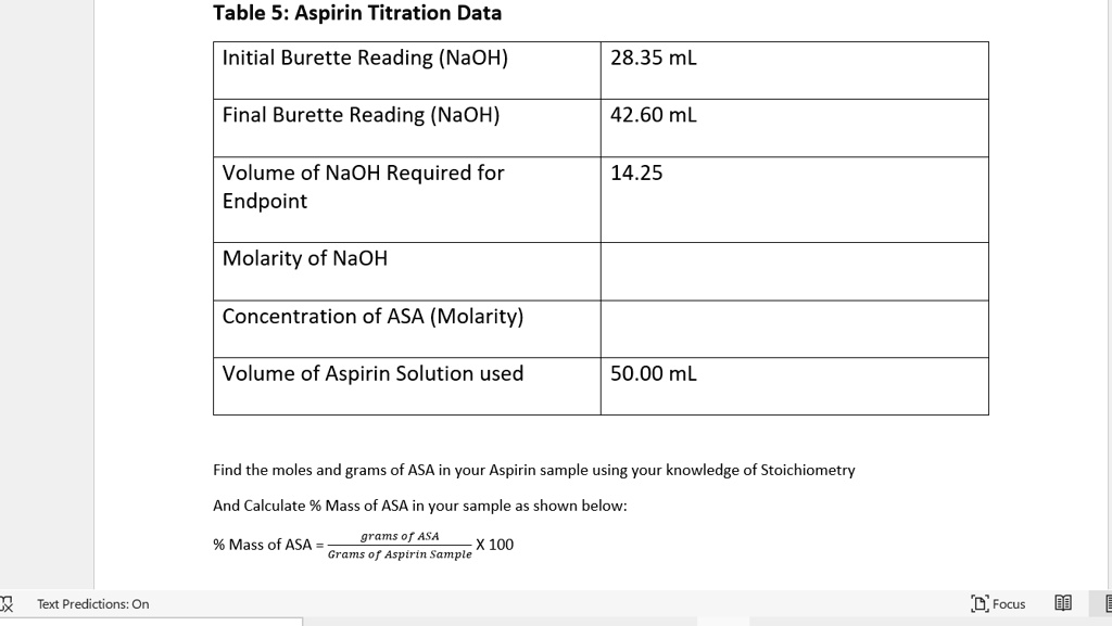 SOLVED Calculate Mass of ASA Table 5 Aspirin Titration Data Initial