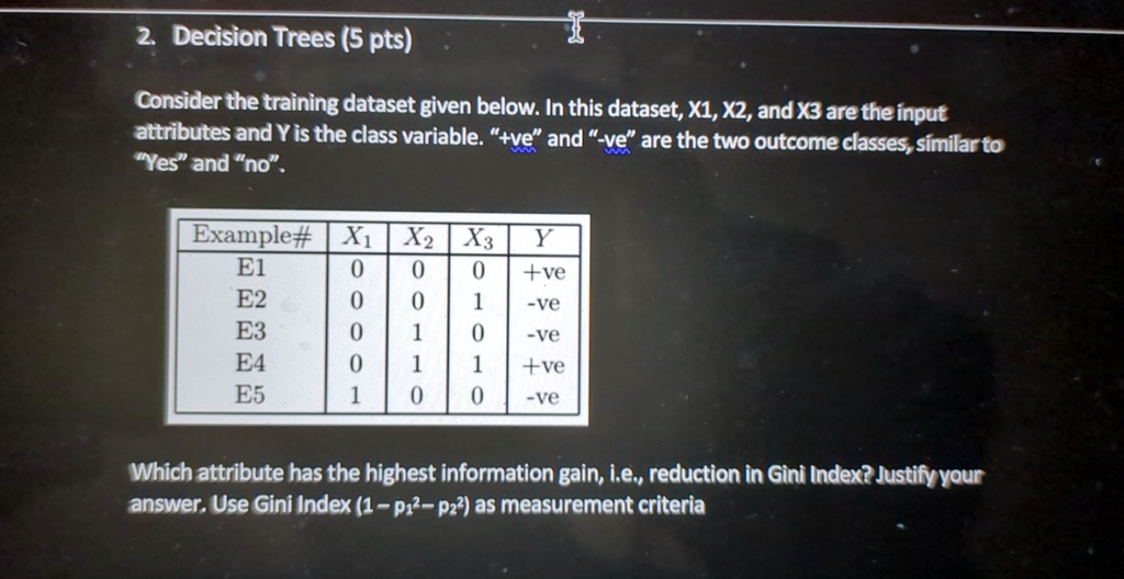 2 decision trees 5 pts consider the training dataset given below in this dataset x1 x2 and x3 are the input attributes and y is the class variable ve and ve are the two outcome classes simil 76565