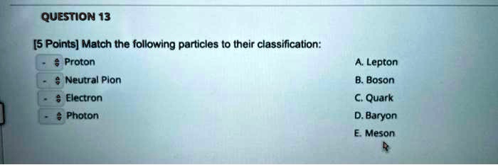 Match the following particles to their classification:
Proton
Neutral Pion
Electron
Photon
A. Lepton
B. Boson
C. Quark
D. Baryon
E. Meson