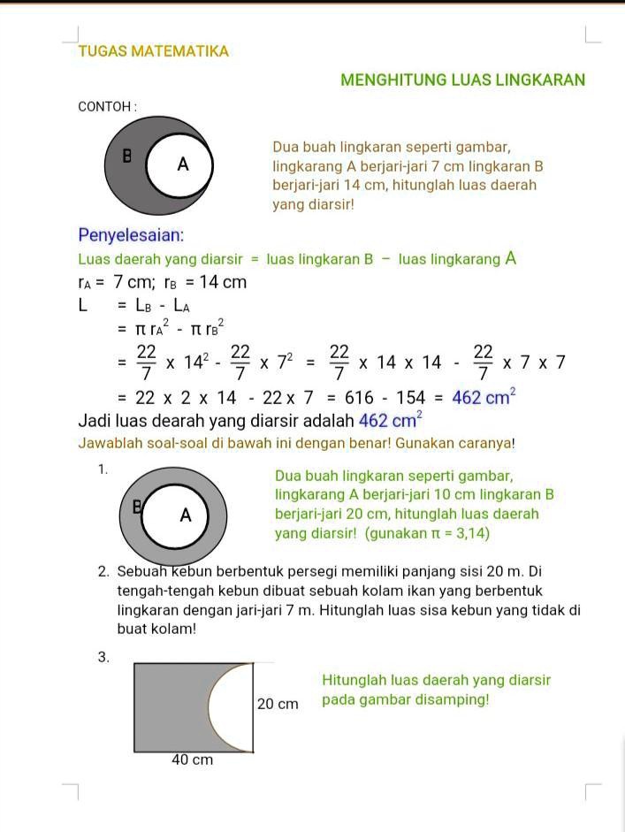 SOLVED: Mohon Bantuannya :) TUGAS MATEMATIKA MENGHITUNG LUAS LINGKARAN ...