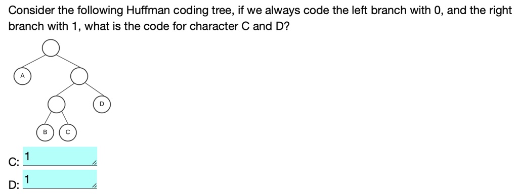 Consider the following Huffman coding tree, if we always code the left branch with 0, and the right branch with 1, what is the code for character C and D?
A
B
C
D
C:
1
D:
1