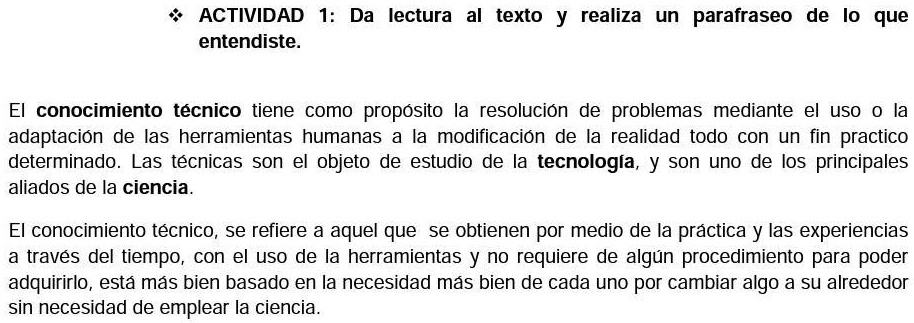 pieden hacer un parafraseo resumen de este tema actividad entendiste da lectura al texto realiza un parafraseo de lo que el conocimiento tecnico tiene como proposito la resolucion de problem 07306