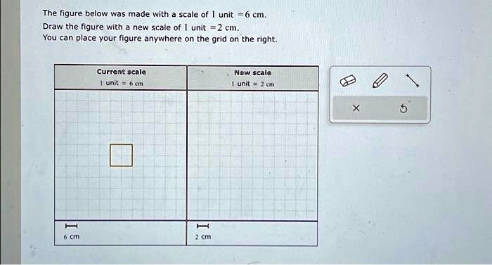 The figure below was made with a scale of 1 unit = 6 cm.
Draw the figure with a new scale of 1 unit = 2 cm.
You can place your figure anywhere on the grid on the right.
Current scale
1 unit = 6 cm
New scale
1 unit = 2 cm
6 cm
2 cm