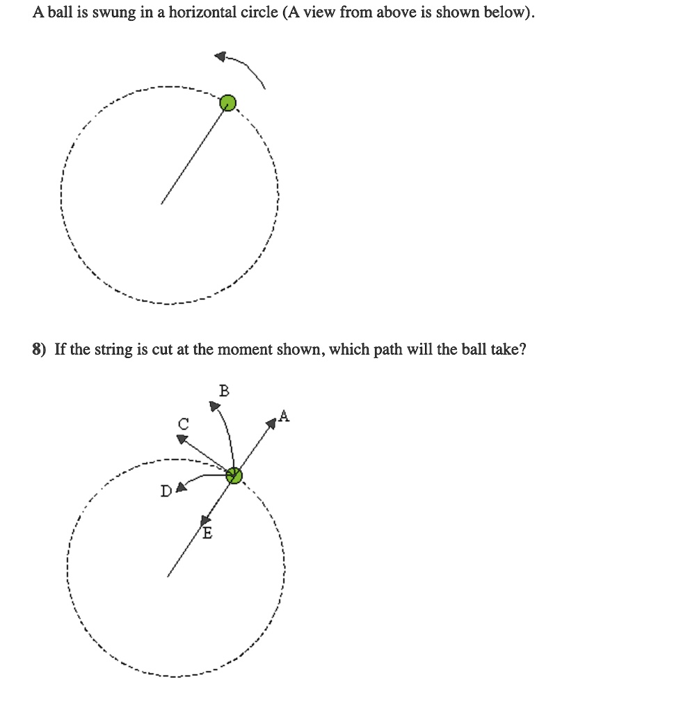 a ball is swung in a horizontal circle a view from above is shown below 8 if the string is cut at the moment shown which path will the ball take b c a d e 00157