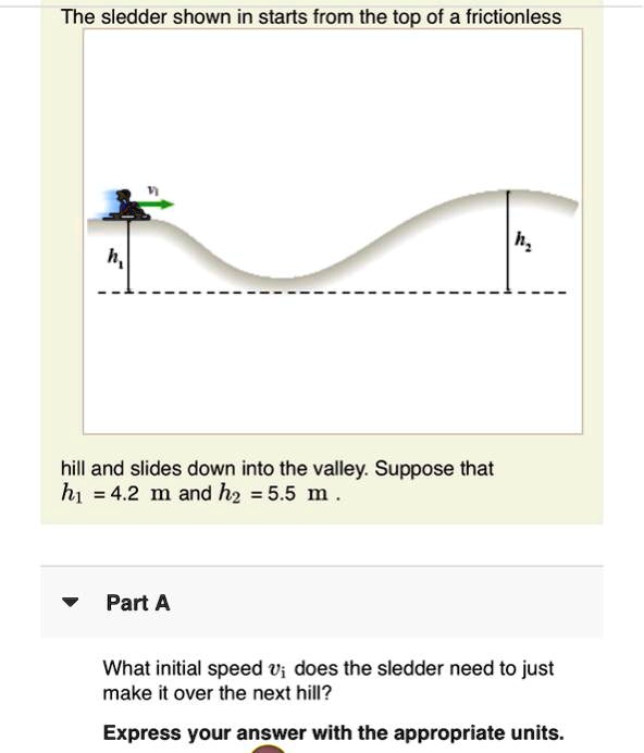 The sledder shown in starts from the top of a frictionless
hill and slides down into the valley. Suppose that
h1 = 4.2 m and h2 = 5.5 m .
Part A
What initial speed vi does the sledder need to just
make it over the next hill?
Express your answer with the appropriate units.