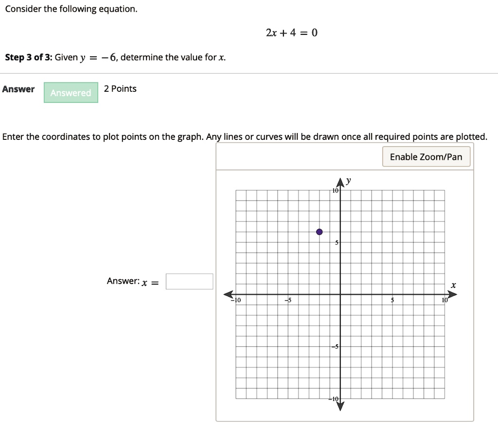 SOLVED: Consider the following equation. 2x + 4 =0 Step 3 of 3: Given y ...