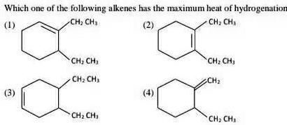 Which one of the following alkenes has the maximum heat of hydrogenation
(1)
CH2 CH3
(2)
CH2 CH3
CH2 CH3
CH2 CH3
CH2 CH3
CH2
(3)
(4)
CH2 CH3
CH2 CH3
