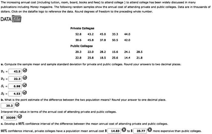 The increasing annual cost (including tuition, room, board, books and fees) to attend college has been widely discussed in many publications including Money magazine. The following random samples show the annual cost of attending private and public colleges. Data are in thousands of dollars. Click on the datafile logo to reference the data. Round degrees of freedom to the preceding whole number.

DATA file

Private Colleges
52.8 43.2 45.0 33.3 44.0
30.6 45.8 37.8 50.5 42.0

Public Colleges
20.3 22.0 28.2 15.6 24.1 28.5
22.8 25.8 18.5 25.6 14.4 21.8

a. Compute the sample mean and sample standard deviation for private and public colleges. Round your answers to two decimal places.

x?? = 42.5
x?? = 22.3
s? = 6.98
s? = 4.53

b. What is the point estimate of the difference between the two population means? Round your answer to one decimal place.
20.2

Interpret this value in terms of the annual cost of attending private and public colleges.
20200

c. Develop a 95% confidence interval of the difference between the mean annual cost of attending private and public colleges.
95% confidence interval, private colleges have a population mean annual cost $ 14.83 to $ 25.77 more expensive than public colleges.