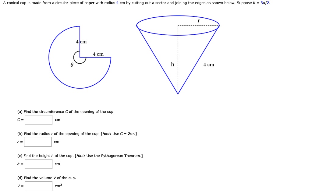 A conical cup is made from a circular piece of paper with a radius of ...