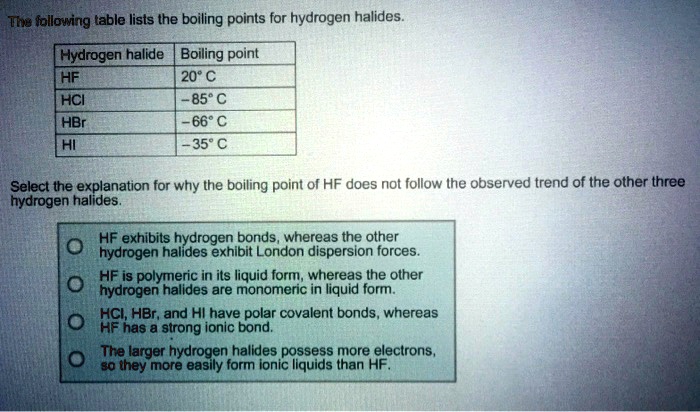 SOLVED: The following table lists the boiling points for hydrogen ...