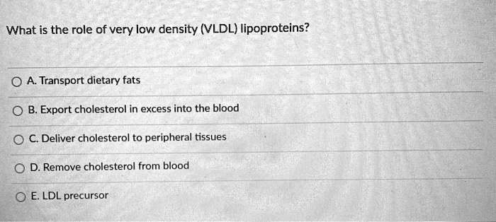 What is the role of very low density (VLDL) lipoproteins?
A. Transport dietary fats
B. Export cholesterol in excess into the blood
C. Deliver cholesterol to peripheral tissues
D. Remove cholesterol from blood
E. LDL precursor