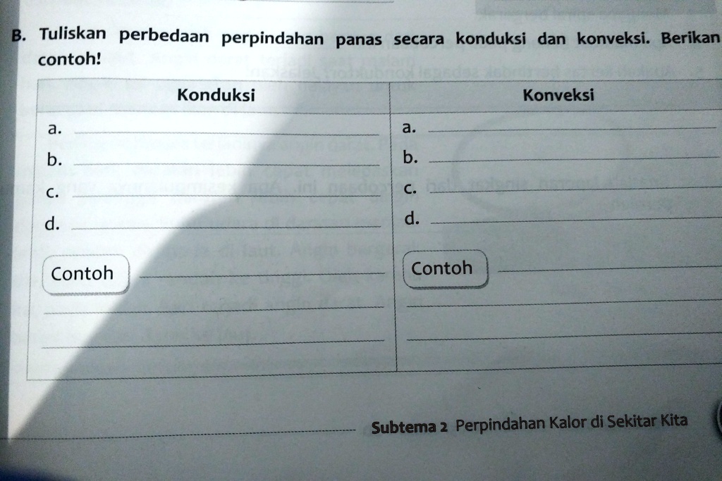 SOLVED: tolong di jawab y kak B. Tuliskan perbedaan perpindahan panas secara konduksi dan konveksi: Berikan contoh? Konduksi Konveksi b ba C. d. d Contoh Contoh Subtema 2 Perpindahan Kalor di Sekitar