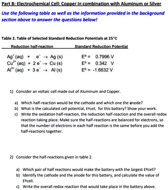 Part Bi Electrochemical Cell: Copper in combination with Aluminum or Silver Use the following table as well as the information provided in the background section above to answer the questions belowl