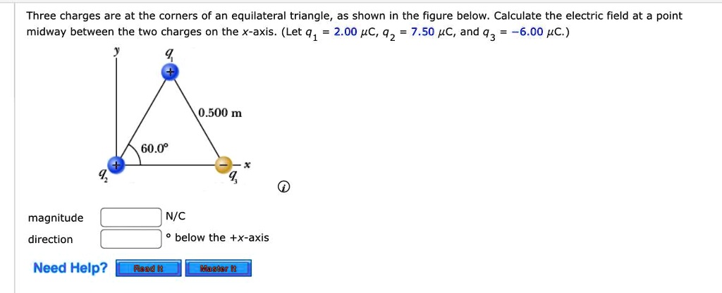 SOLVED: Three charges are at the corners of an equilateral triangle, as ...