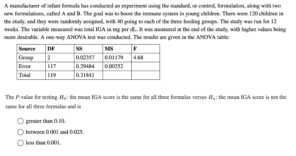 Solved: A Manufacturer Of Infant Formula Has Conducted Experiment Using 