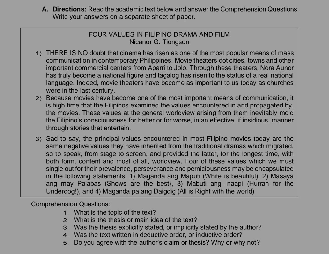 SOLVED A. Directions Read the academic text below and answer the