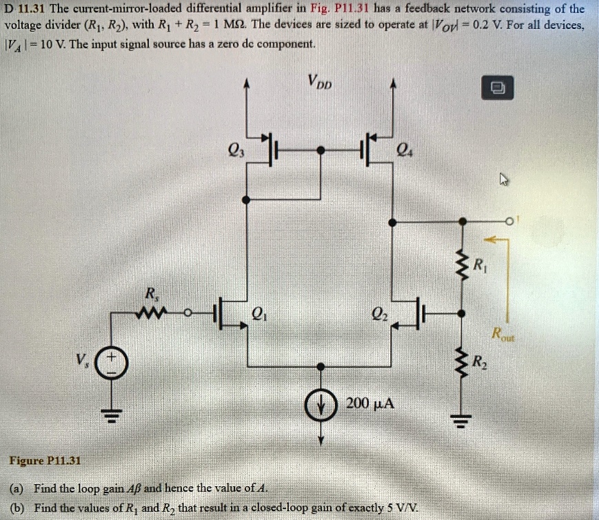 SOLVED 11.31 The currentmirrorloaded differential amplifier in Fig