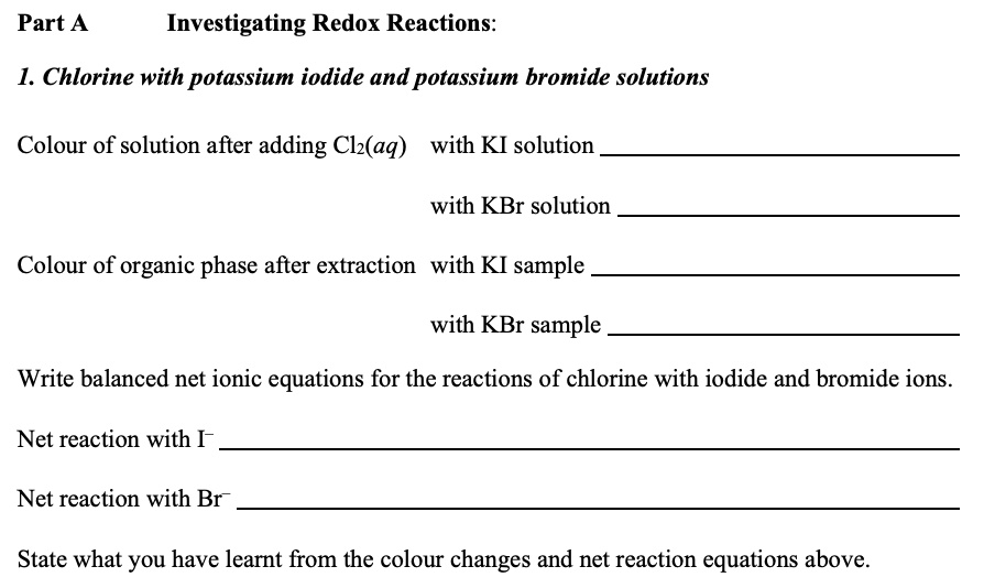 SOLVED Investigating Redox Reactions 1. Chlorine with potassium