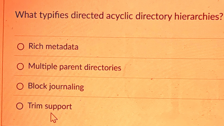 what typifies directed acyclic directory hierarchies orich metadata omultiple parent directories oblock journaling otrim support 71982