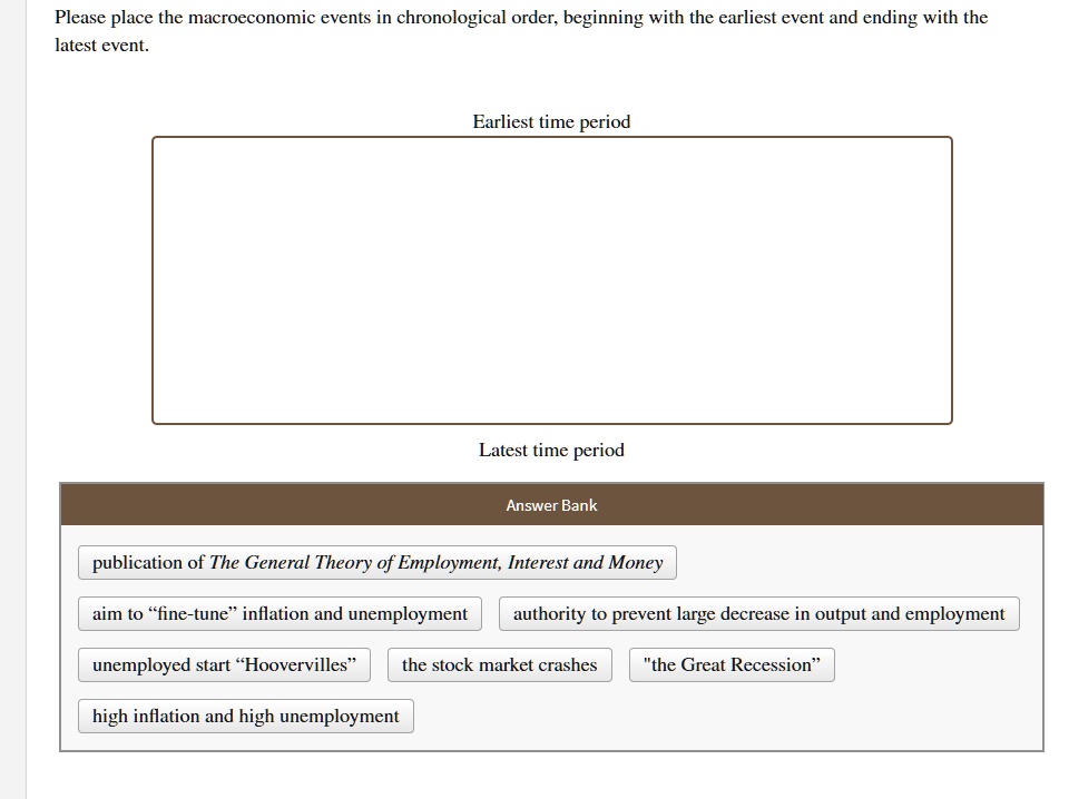 Please place the macroeconomic events in chronological order, beginning with the earliest event and ending with the latest event.
Earliest time period
Latest time period
Answer Bank
publication of The General Theory of Employment, Interest and Money
aim to "fine-tune" inflation and unemployment
authority to prevent large decrease in output and employment
unemployed start "Hoovervilles"
the stock market crashes
"the Great Recession"
high inflation and high unemployment