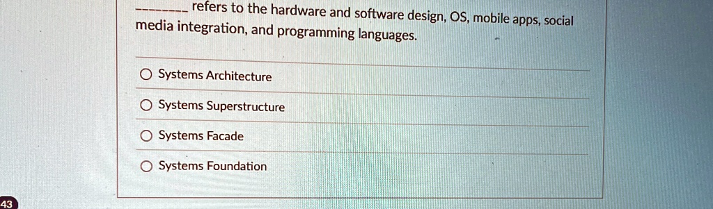  refers to the hardware and software design os mobile apps social media integration and programming languages systems architecture systems superstructure systems facade systems foundation 10056