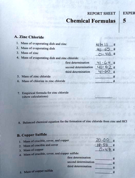 REPORT SHEET Chemical FormulasEXPERZinc Chloride Mass… SolvedLib