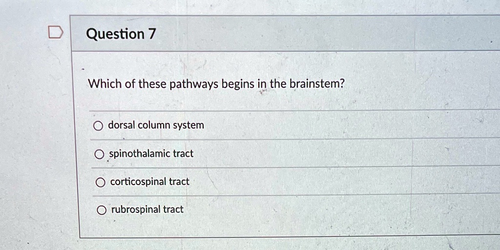 Question Pathway Question 7 Which of these pathways begins in the brainstem? dorsal ...