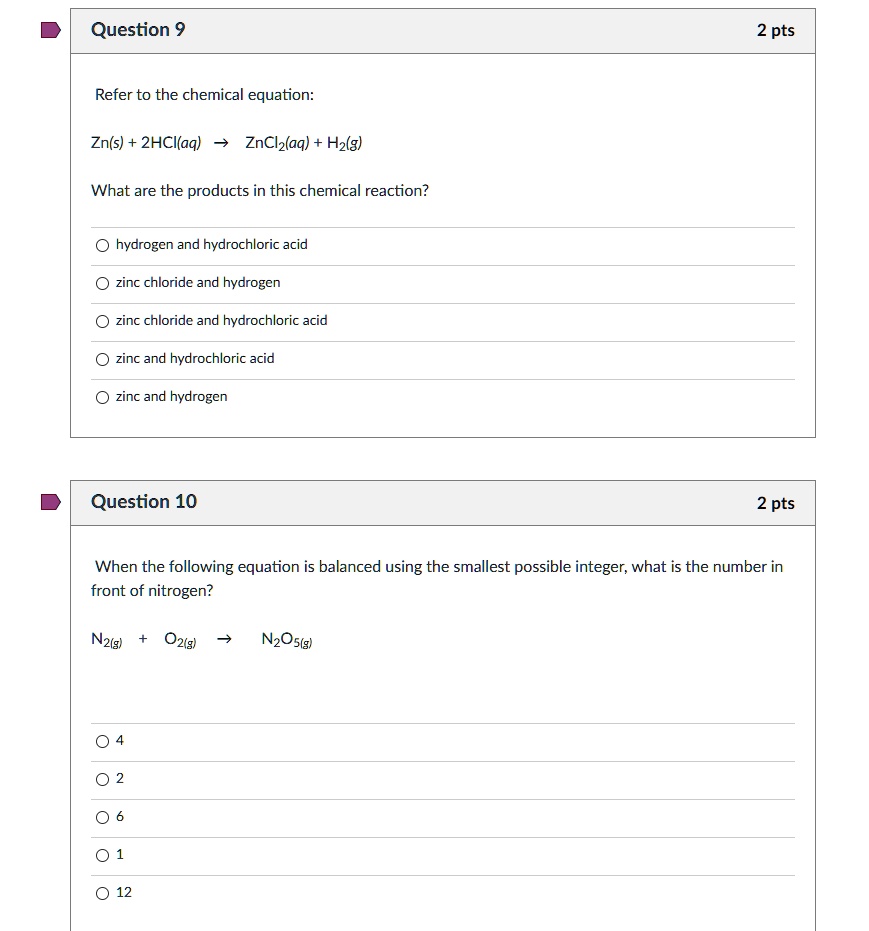 SOLVED Question 9 2 pts Refer to the chemical equation Zn(s) 2HCIaq