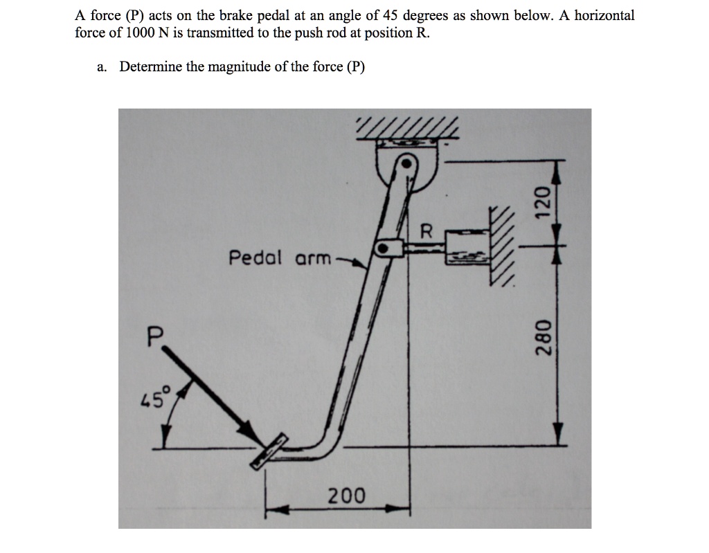 SOLVED: A force (P) acts on the brake pedal at an angle of 45 degrees ...