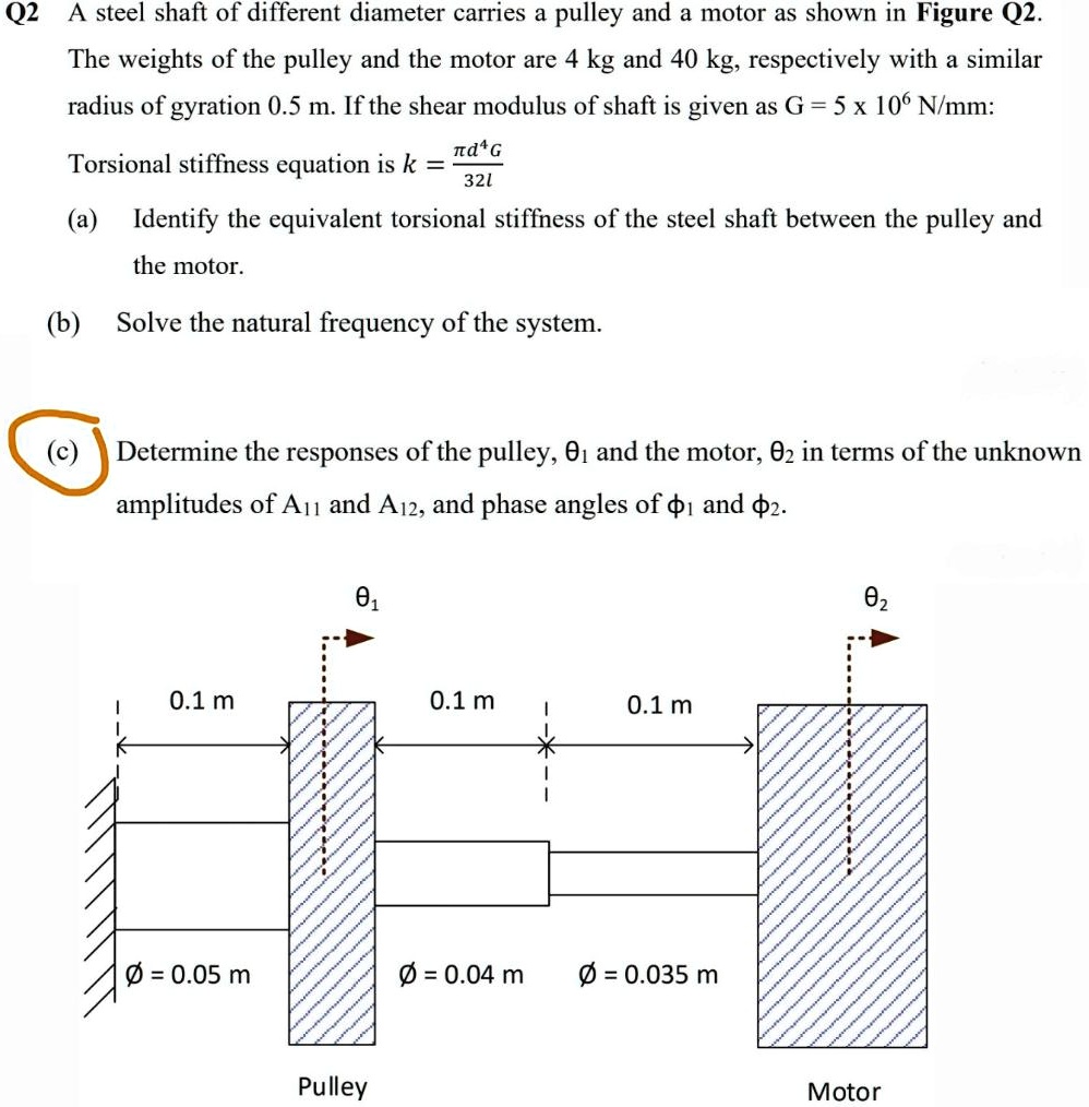 Q2 A steel shaft of different diameter carries a pulley and a motor as shown in Figure Q2.
The weights of the pulley and the motor are 4 kg and 40 kg, respectively with a similar
radius of gyration 0.5 m. If the shear modulus of shaft is given as G = 5 x 10^6 N/mm:
Torsional stiffness equation is k = (π d^4 G)/(32l)
(a) Identify the equivalent torsional stiffness of the steel shaft between the pulley and
the motor.
(b) Solve the natural frequency of the system.
(c) Determine the responses of the pulley, θ1 and the motor, θ2 in terms of the unknown
amplitudes of A11 and A12, and phase angles of ϕ1 and ϕ2.
0.1 m
θ1
0.1 m
*
0.1 m
ϕ = 0.05 m
ϕ = 0.04 m
ϕ = 0.035 m
Pulley
θ2
Motor