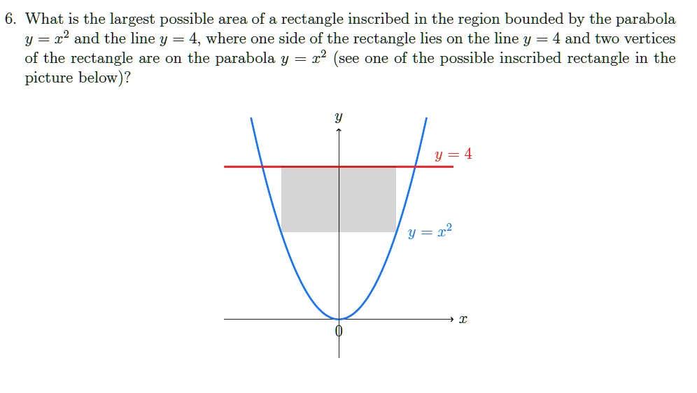 Solved 6 What Is The Largest Possible Area Of A Rectangle Inscribed In The Region Bounded By The Parabola Y 2 And The Line Y 4 Where One Side Of The