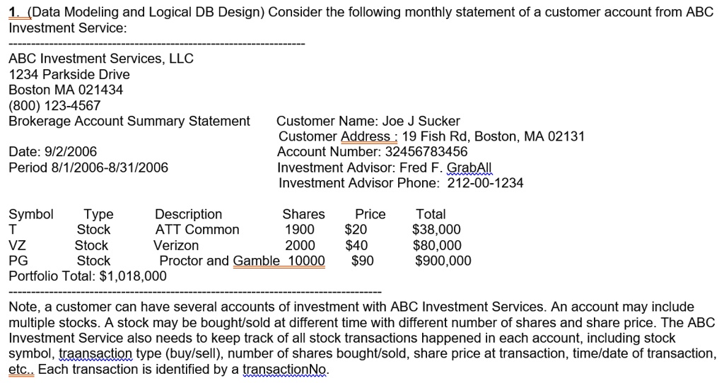 1(Data Modeling and Logical DB Design) Consider the following monthly ...