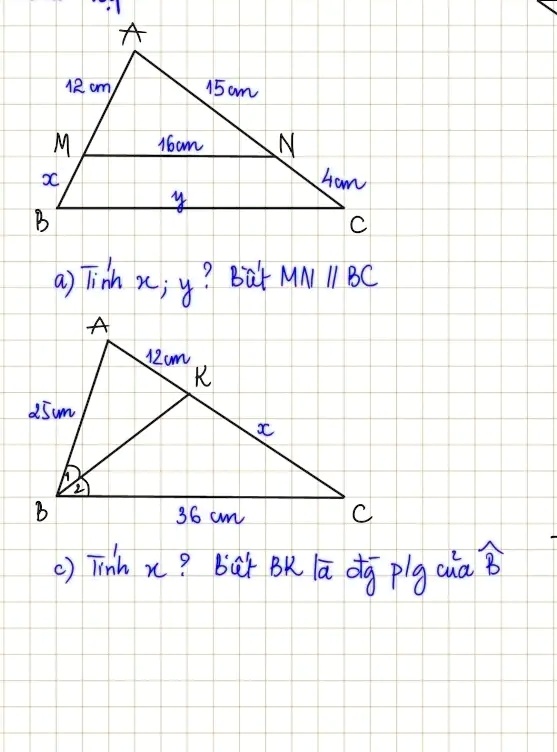 A
12 cm
15 cm
M
16cm
N
x
4cm
y
B
C
a) Tính x; y? Bi?t MN ∥BC
25cm
A
12cm
K
x
36 cm
C
c) Tính x? Bi?t BK là ?g p/g c?a B