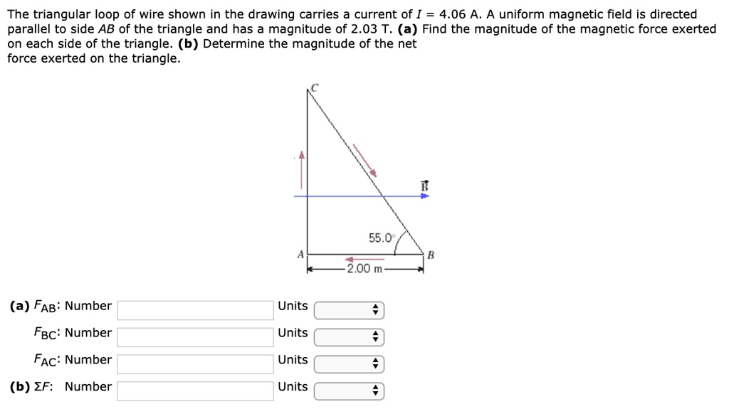 The triangular loop of wire shown in the drawing carries a current of I = 4.06 A. A uniform magnetic field is directed parallel to side AB of the triangle and has a magnitude of 2.03 T. (a) Find the magnitude of the magnetic force exerted on each side of the triangle. (b) Determine the magnitude of the net force exerted on the triangle.