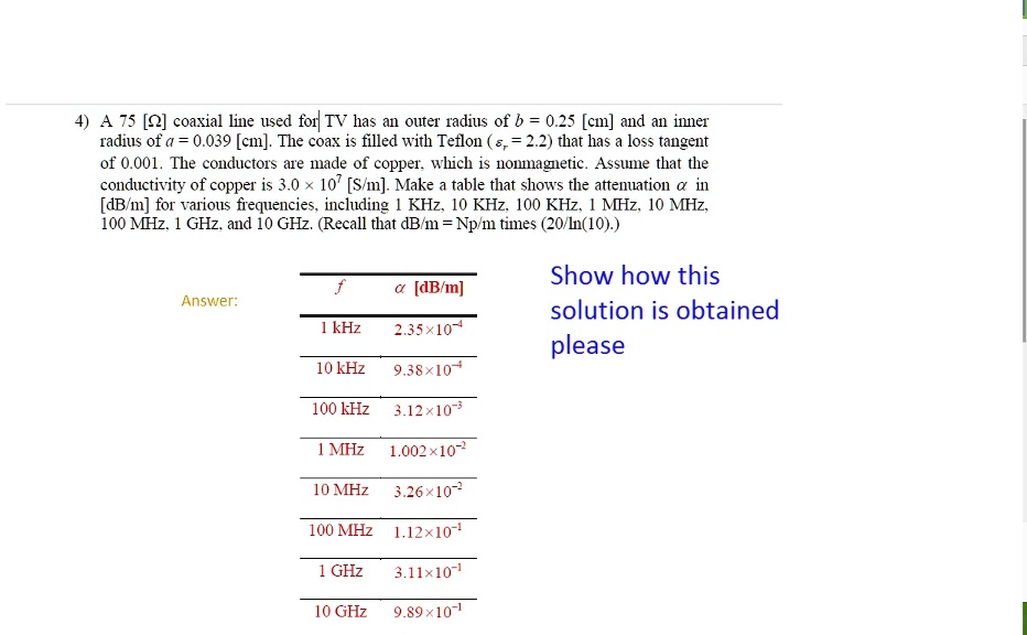 A 75 [Ω] coaxial line used for TV has an outer radius of b = 0.25 [cm ...