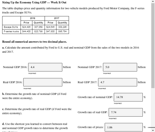 Sizing Up the Economy Using GDP — Work It Out

The table displays price and quantity information for two vehicle models produced by Ford Motor Company, the F-series trucks and Escape SUVs.

| | 2016 | 2017 |
| :— | :— | :— | :— | :— |
| | Price | Quantity | Price | Quantity |
| Escape SUVs | 24,485 | 307,069 |24,645 | 308,296 |
| F-series trucks | 44,400 | 820,799 |47,800 | 896,764 |

Round all numerical answers to two decimal places.

a. Calculate the amount contributed by Ford to U.S. real and nominal GDP from the sales of the two models in 2016 and 2017.

Nominal GDP 2016: 4.4 billion Nominal GDP 2017: 5.0 billion

Real GDP 2016: billion Real GDP 2017: 4.7 billion

b. Determine the growth rate of nominal GDP (if Ford were the entire economy).
Growth rate of nominal GDP: 14.78 %

c. Determine the growth rate of real GDP (if Ford were the entire economy).
Growth rate of real GDP: 7.74 %

d. Use the shortcut you learned to convert between real and nominal GDP growth rates to determine the growth rate of prices.
Growth rate of prices: 1.06 %