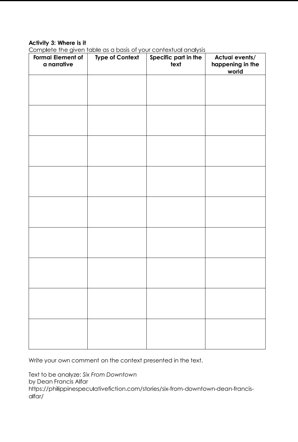 SOLVED: Activity 3: Where is it Complete the given table as a basis of ...