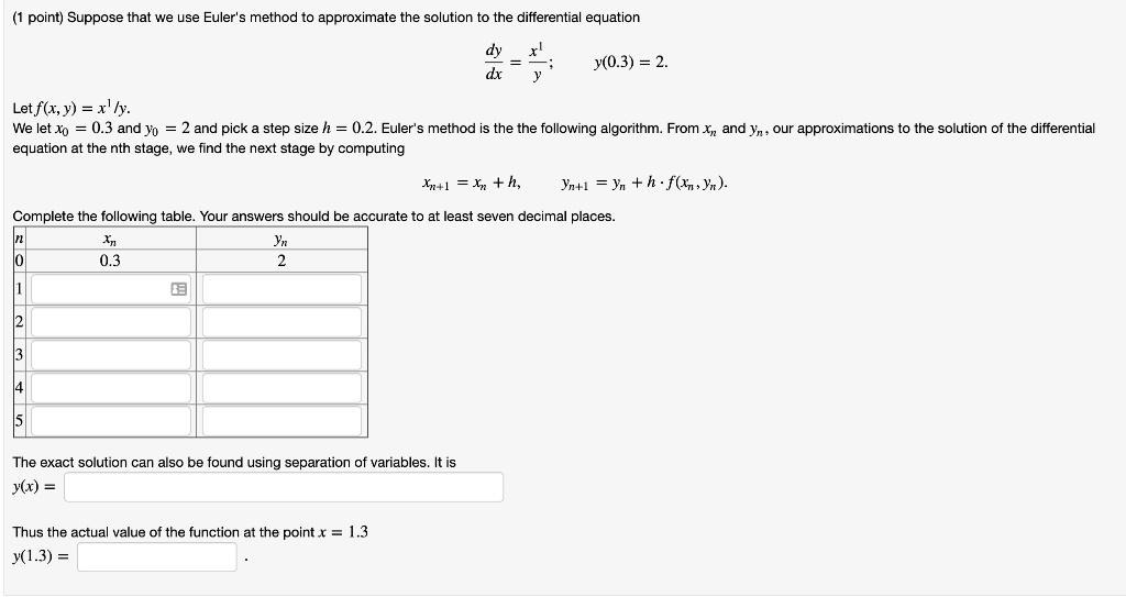 Suppose that we use Euler's method to approximate the solution to the differential equation
dy/dx = x^1/y; y(0.3) = 2.
Let f(x, y) = x^1/y.
We let x0 = 0.3 and y0 = 2 and pick a step size h = 0.2. Euler's method is the the following algorithm. From xn and yn, our approximations to the solution of the differential equation at the nth stage, we find the next stage by computing
xn+1 = xn + h, yn+1 = yn + h * f(xn, yn).
Complete the following table. Your answers should be accurate to at least seven decimal places.
n xn yn
0 0.3 2
1
2
3
4
5
The exact solution can also be found using separation of variables. It is
y(x) =
Thus the actual value of the function at the point x = 1.3
y(1.3) =